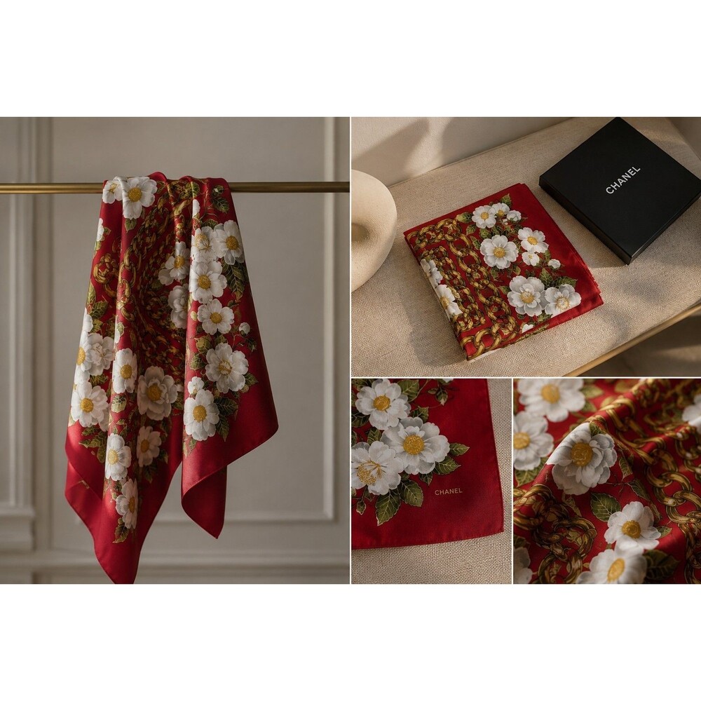 Vintage 90’s CHANEL Red 100% Silk Scarf White Floral Chain Print Logo 34" × 34”